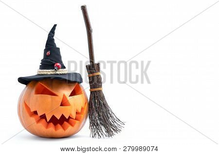 Pumpkin For Halloween Carved In The Shape Of A Smile. Jack Lantern Head Carved  From Pumpkin For Hal
