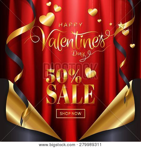 Valentine's Day Sale Background Page Curl Style With Red Gold Theme, Calligraphy.