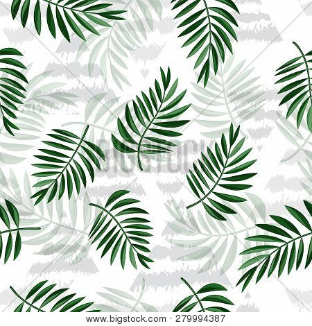 Tropical Leaves And Triangles On Light Background. Tropical Palm Leaves, Jungle Leaves Seamless Vect
