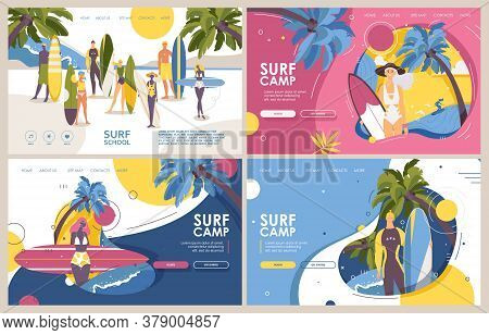 Surf Camp Or Surfing School Banners Or Landing Page Templates In Vibrant Colors. Flat Cartoon Surfer