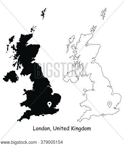 London, United Kingdom. Detailed Country Map With Location Pin On Capital City. Black Silhouette And