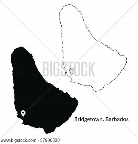 Bridgetown Barbados. Detailed Country Map With Location Pin On Capital City. Black Silhouette And Ou