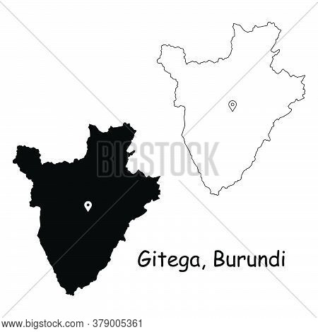 Gitega Burundi. Detailed Country Map With Location Pin On Capital City. Black Silhouette And Outline