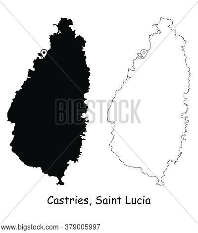 Castries, Saint Lucia. Detailed Country Map With Location Pin On Capital City. Black Silhouette And 