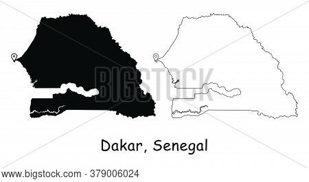 Dakar, Senegal. Detailed Country Map With Location Pin On Capital City. Black Silhouette And Outline