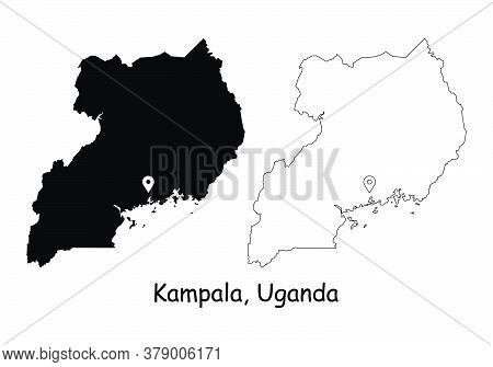 Kampala, Uganda. Detailed Country Map With Location Pin On Capital City. Black Silhouette And Outlin