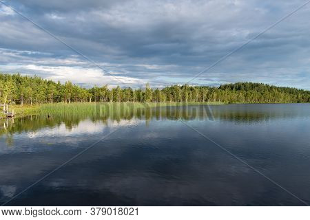 Beautiful Lake And Pine Tree Forest With Reflections In Latgale, Latvia, Europe