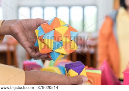 Multicolor Modular Origami Star Sphericalal Of Modular Origami Spiky Ball Model On Hand, Decoration 