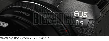 Barcelona, Spain - July 31, 2020: Brand New Mirrorless Digital Camera Canon R5 Closeup