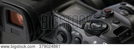 Barcelona, Spain - July 31, 2020: Brand New Mirrorless Digital Camera Canon R5 Closeup