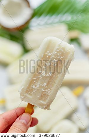 Closeup on hand holding homemade pineapple coconut popsicle. Summer food concept. Selective forus.