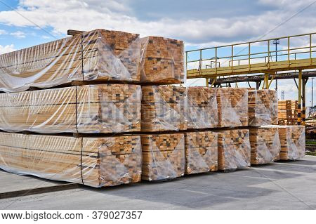 Packaged Freshly Made Boards In The Yard Of The Woodworking Production