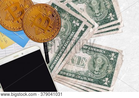 1 Us Dollar Bills And Golden Bitcoins With Smartphone And Credit Cards. Cryptocurrency Investment Co