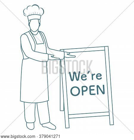 Vector Illustration Reopening Of Cafe, Restaurant After Covid-19 Quarantine, Coronavirus Pandemic. C