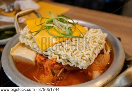 Korean food of army stew or army base stew (Budae Jjigae) in the restaurant