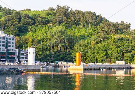 Geoje, South Korea - June 15, 2017: Small Fishing Boat Pier At Dsme Harbour In Okpo, Geoje Island, G