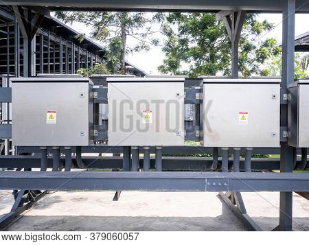 Outdoor Electric Control Box. Circuit Controller Box. Electric Control Box With Push Buttons And Swi