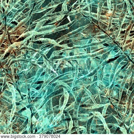 Palm Leaves Seamless Pattern. Fashion Hand Drawn Texture. Turquoise Cosmic Background. Palm Leaves S