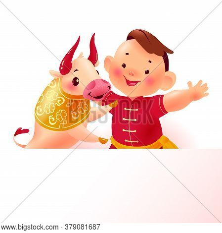 Chinese New Year Banner With Happy Boy Character In Oriental Traditional Hanfu Suit, Bull Animal Mas