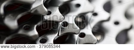 Close-up Of Bicycle Roller Chain That Transfers Power From Pedals To Drive. Macro Shot Of Metal Whee