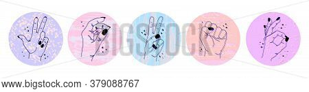 Set Of Abstract Social Media Icons With Different Gestures And Hands On An Isolated White Background