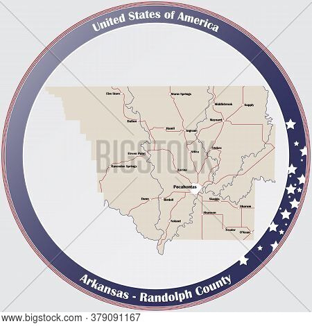 Round Button With Detailed Map Of Randolph County In Arkansas, Usa.