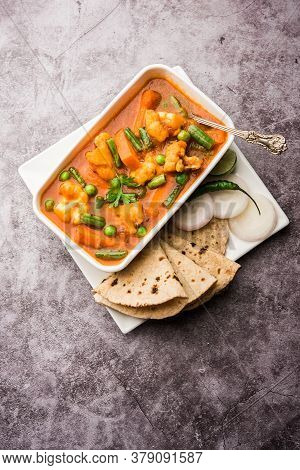 Indian Mix Veg Or Mixed Vegetable Recipe Served In A Bowl With Chapati