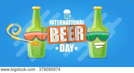 Happy International Beer Day Horizonatal Banner With Cartoon Funny Beer Bottles Friends Characters W