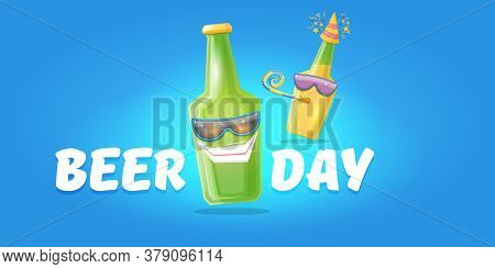 Happy International Beer Day Horizonatal Banner With Cartoon Funny Beer Bottles Friends Characters W