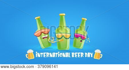 Happy International Beer Day Horizonatal Banner With Cartoon Funny Beer Bottles Friends Characters W