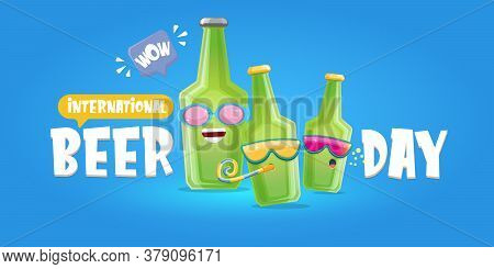 Happy International Beer Day Horizonatal Banner With Cartoon Funny Beer Bottles Friends Characters W