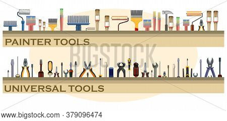 Tools. Set. The Background Is Horizontal. Lower. Screwdrivers, Hammers, Wrenches, Saws, Pliers, Roll