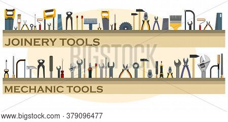 Tools. Set. The Background Is Horizontal. Lower. Screwdrivers, Hammers, Wrenches, Saws, Pliers, Roll
