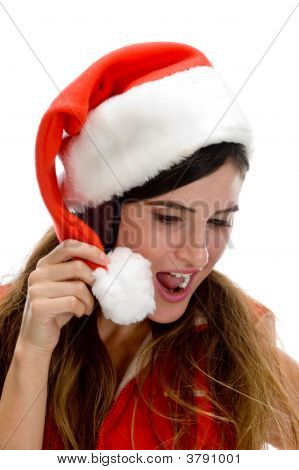 Donna con cappello Santa e guardando verso il basso