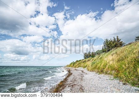 Nordic Coast With Greean Grass And A Pebble Peach Under A Blue Sky With White Clouds