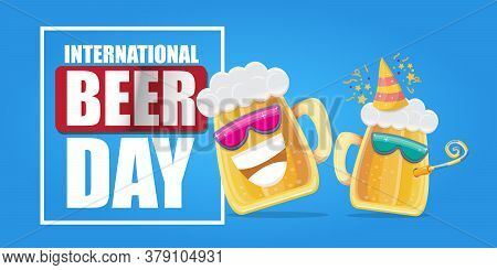 Happy International Beer Day Horizonatal Banner With Cartoon Funny Beer Glass Friends Characters Wit