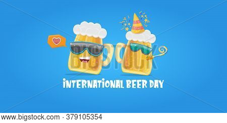 Happy International Beer Day Horizonatal Banner With Cartoon Funny Beer Glass Friends Characters Wit