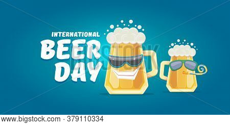 Happy International Beer Day Horizonatal Banner With Cartoon Funny Beer Glass Friends Characters Wit