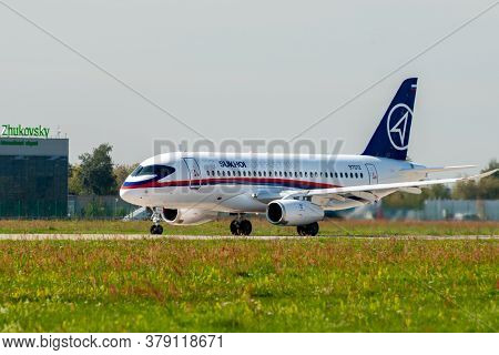 August 30, 2019. Zhukovsky, Russia. Russian Short-range Narrow-body Passenger Aircraft  Sukhoi Super