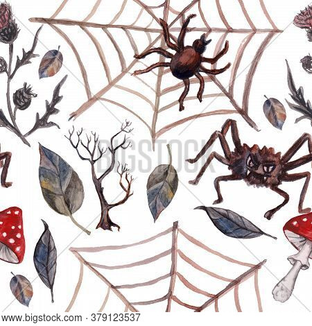 Watercolor Halloween Pattern On The White Background. Hand-drawn Illustration. Pattern Perfect For P