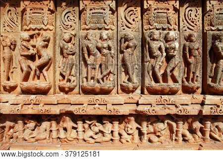 wall stone carvings in Indian Temple Sahastra Bahu (Sas-Bahu)  at Nagda, Udaipur, Rajasthan, India.