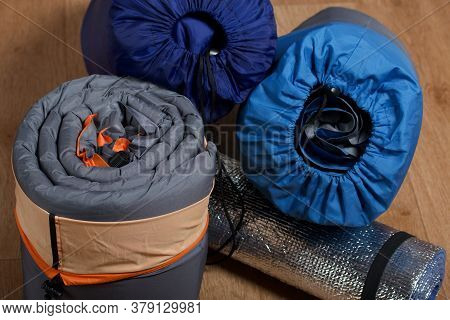 Tourist Equipment. Self-inflating Rugs And Sneakers. Lie On The Floor In The Room.