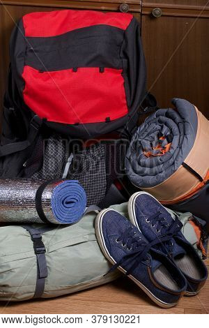 Tourist Equipment. Self-inflating Rugs And Sneakers. Lie On The Floor In The Room.
