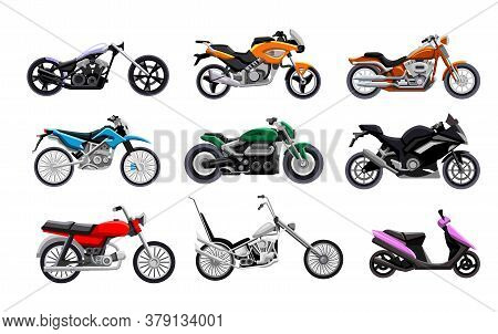 Motorbike Icon Set. Isolated Motorcycle, Scooter, Chopper And Sport Bike Icon Collection. Motor Tran