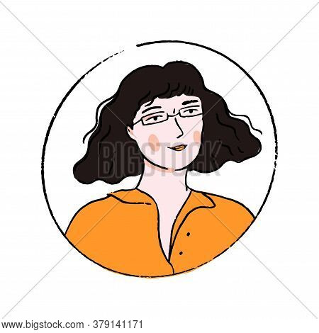 Young Woman In Glasses With Wavy Blunt Bob Hairstyle And Fringe. Doodle Portrait Of Confident Girl I