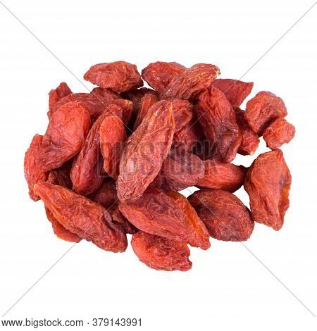 Dried Barberry Berries, Folded In A Heap And Isolated On A White Background, Macro Photo With The Te
