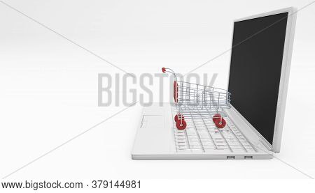 Online Shopping Concept. Shopping Troley And Laptop Isolated On White. 3d Rendering