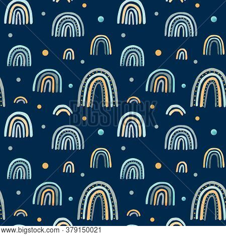 Watercolor Nursery Raindow Seamless Pattern. Scandinavian Style Hand Painted Rainbows Background. Ba