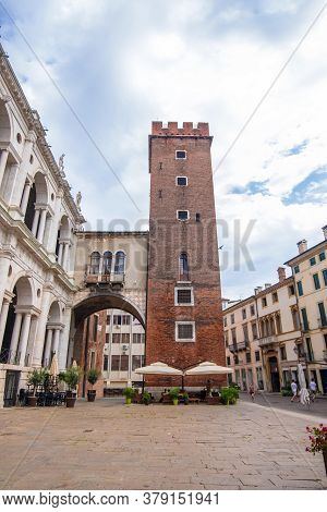 Vicenza, Italy - August 12, 2019: Palladian Basilica, Torre Del Girone Or Torre Del Tormento With Ar
