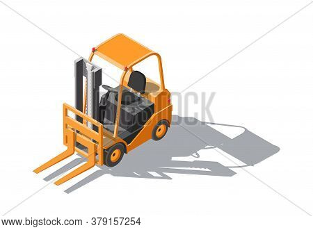 Isometric Forklift Truck Isolated On White Background. Fork Loader, Logistics Company, Warehouse. 3d